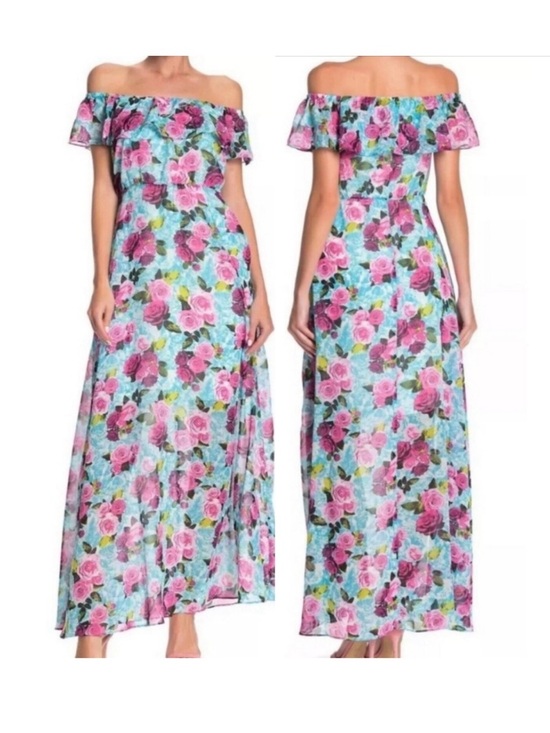 Betsey Johnson Dresses & Skirts - Betsey Johnson size 12 Drowning
roses Malibu blue off shoulder flowy maxi